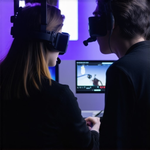 Futuristic AR Development Lab Engineers working on augmented reality hardware in a high-tech lab